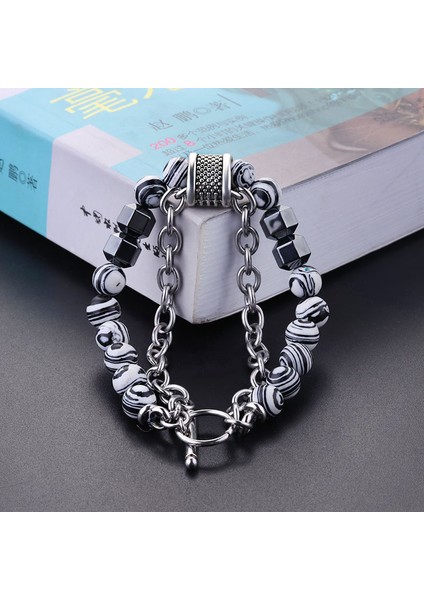 21CM Tarzı No.4 Boyutu Erkek Takı Charm Paslanmaz Çelik Bilezik Erkekler Için Malakit Siyah Obsidyen Kaplan Gözü Taş Boncuklu Hip Hop Takı Pulseras (Yurt Dışından)