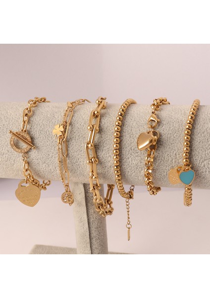 0240-G Paslanmaz Çelik Boncuklu Bilezikler Kadınlar Için Altın Renk Bilezik Kalp Kolye Bilezikler Charm Bilezik Takı Hediye (Yurt Dışından) fiyatları