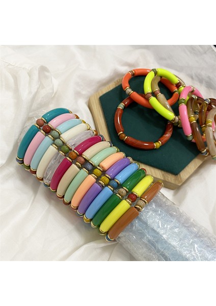 H23 Moda Renkli Akrilik Bambu Boncuk Bilezik Kadınlar Için Seramik Reçine Boho Charm Sıkı Çift Bileklik El Yapımı Bilezik (Yurt Dışından) fiyatları