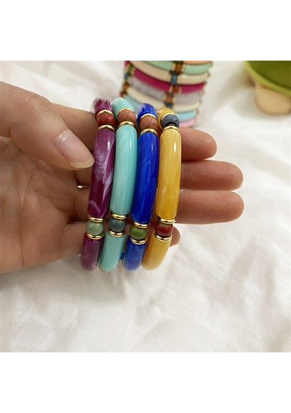 H23 Moda Renkli Akrilik Bambu Boncuk Bilezik Kadınlar Için Seramik Reçine Boho Charm Sıkı Çift Bileklik El Yapımı Bilezik (Yurt Dışından) fırsatları