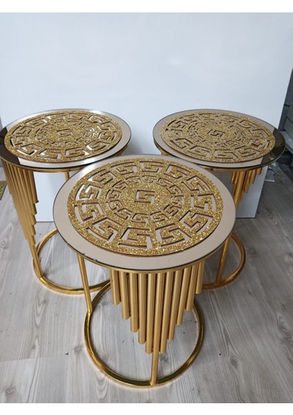 3 Adet Zigon Sehpa ÖRTÜSÜ/33CM Yuvarlak/simli Işıltılı Suni Deri/