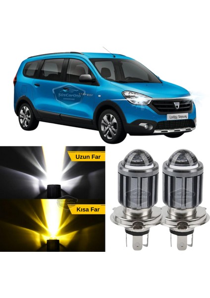 Dacia Lodgy 2012-2022 Uyumlu Mercekli Far Ampulü LED Xenon Çift Renk Sarı-Beyaz Far Şimşek Etkili Csp LED Lamba Uzun Kısa 2 Adet Takım