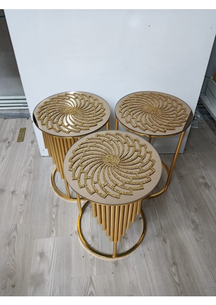 3 Adet / Zigon Sehpa Örtüsü / 33CM Yuvarlak / Işıltılı Simli Suni Deri/