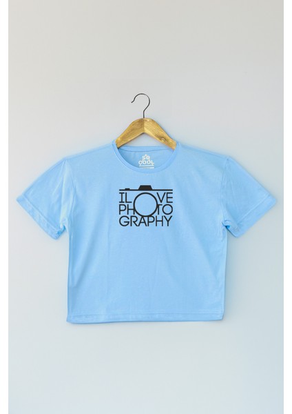 Light Blue Crop T-Shirt I Love Photography Fotoğrafçı Mavi Renk Kadın Tişört Baby Tee