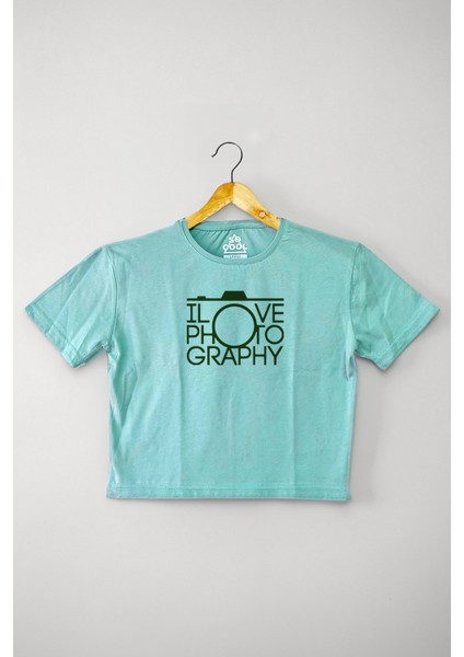 Mint Yeşil Renk Crop T-Shirt I Love Photography Fotoğrafçı Baskılı Kadın Tişört Baby Tee