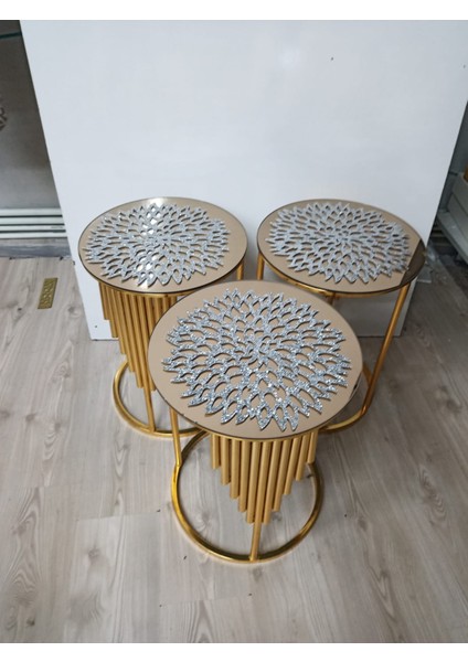 3 Adet / Zigon Sehpa Örtüsü / 33CM Yuvarlak / Simli Işıltılı Suni Deri