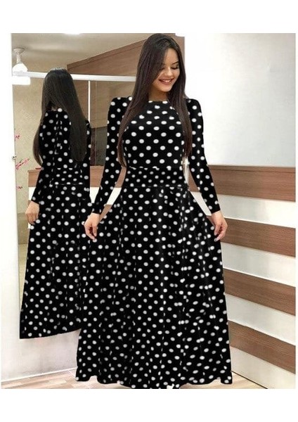 Kadın Krep Kumaş Uzun Kollu Tam Boy Puantiyeli Elbise 132 cm