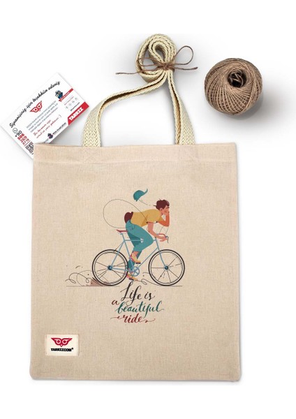 Ham Bez Çanta Tote Bag Bisiklet Sürüşü, Dokuma Saplı Kadın Omuz Çantası