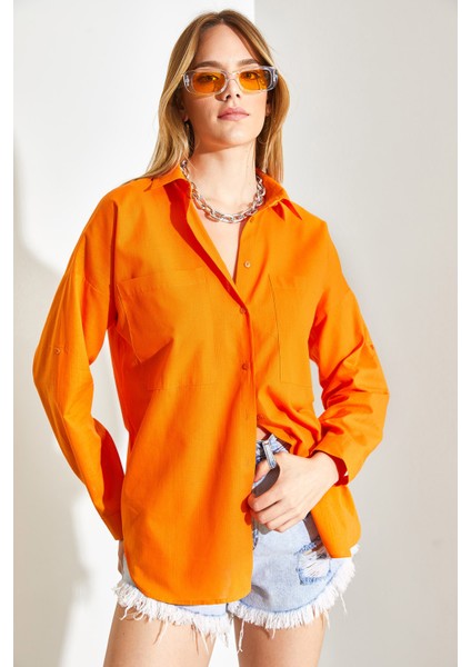 Kadın Çift Cepli Oversize Keten Gömlek modelleri