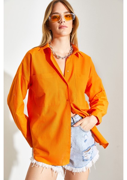 Kadın Çift Cepli Oversize Keten Gömlek fırsatları