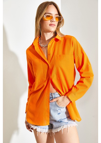 Kadın Çift Cepli Oversize Keten Gömlek indirimleri