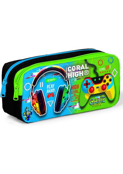 Coral High Kids Siyah Fosforlu Yeşil Kulaklık Game Desenli Iki Bölmeli Kalem Çantası 12077