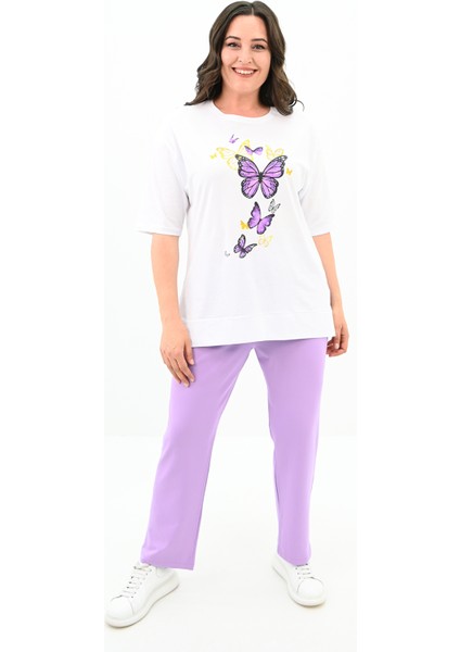 Kadın Büyük Beden Kelebek Baskı Detaylı T-Shirt Takım 8114-25
