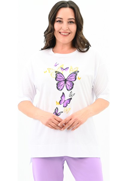 Kadın Büyük Beden Kelebek Baskı Detaylı T-Shirt Takım 8114-25