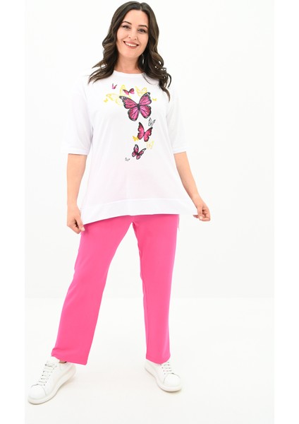 Kadın Büyük Beden Kelebek Baskı Detaylı T-Shirt Takım 8114-25