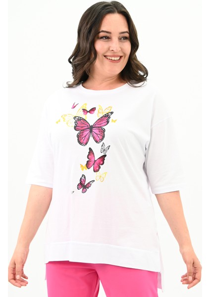 Kadın Büyük Beden Kelebek Baskı Detaylı T-Shirt Takım 8114-25 modelleri