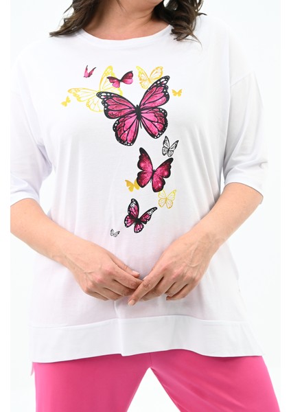 Kadın Büyük Beden Kelebek Baskı Detaylı T-Shirt Takım 8114-25 indirimleri