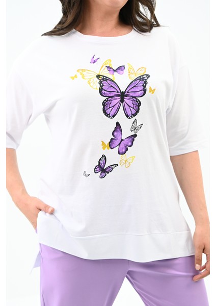 Kadın Büyük Beden Kelebek Baskı Detaylı T-Shirt Takım 8114-25