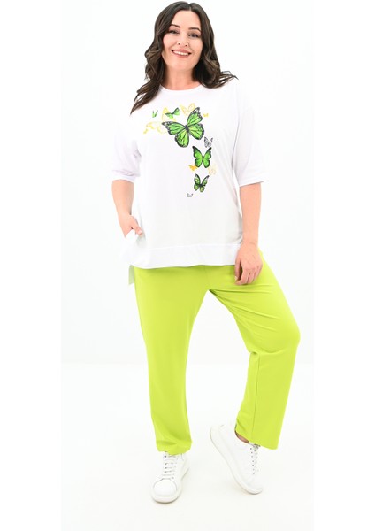 Kadın Büyük Beden Kelebek Baskı Detaylı T-Shirt Takım 8114-25
