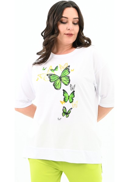 Kadın Büyük Beden Kelebek Baskı Detaylı T-Shirt Takım 8114-25