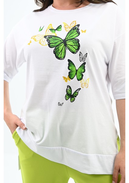 Kadın Büyük Beden Kelebek Baskı Detaylı T-Shirt Takım 8114-25