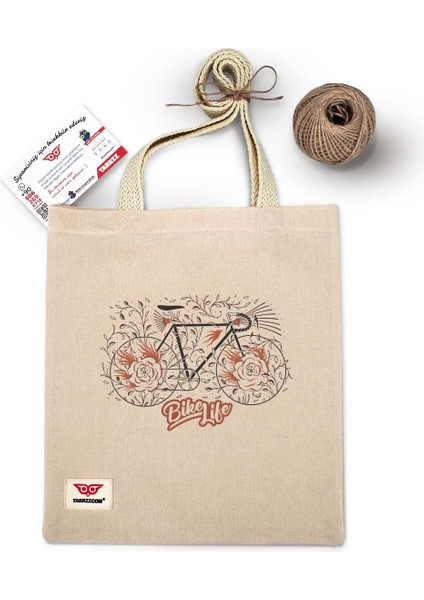 Ham Bez Çanta Tote Bag Bisiklet ve Yapraklar Dokuma Saplı Kadın Omuz Çantası