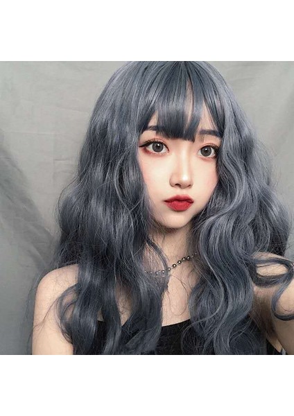 Peruk Kadın Uzun Kıvırcık Saç Hava Patlama Mavi Gri Degrade Mısır Kıvırıcı Küçük Rulo Lolita Tarzı Tam Başlı Peruk Stil Fabrika Stokta (Yurt Dışından)