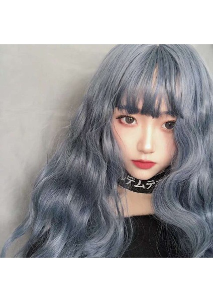 Peruk Kadın Uzun Kıvırcık Saç Hava Patlama Mavi Gri Degrade Mısır Kıvırıcı Küçük Rulo Lolita Tarzı Tam Başlı Peruk Stil Fabrika Stokta (Yurt Dışından) modelleri