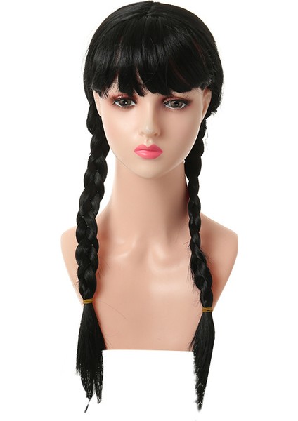 Cadılar Bayramı Amerikan Draması Adams Bangs Peruk Çarşamba Çünkü Peruk Giydirme Performansı Çift At Kuyruğu Siyah Peruk (Yurt Dışından)