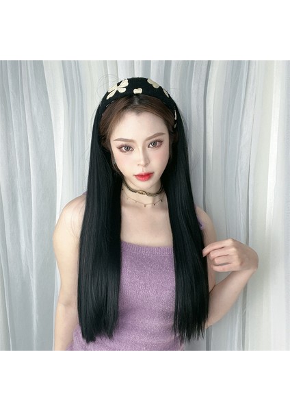 Peruk Kadın Siyah Uzun Düz Kafa Bandı Simülasyon Saç Tek Parça Yarım Başlık Peruk Seti Tek Parça (Yurt Dışından) modelleri