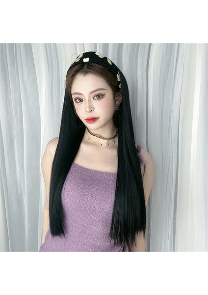 Peruk Kadın Siyah Uzun Düz Kafa Bandı Simülasyon Saç Tek Parça Yarım Başlık Peruk Seti Tek Parça (Yurt Dışından) fırsatları