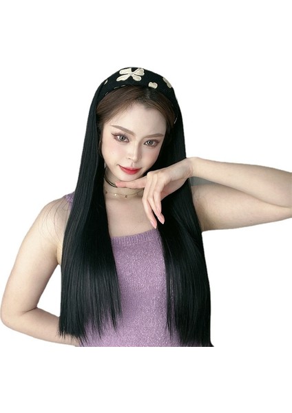 Peruk Kadın Siyah Uzun Düz Kafa Bandı Simülasyon Saç Tek Parça Yarım Başlık Peruk Seti Tek Parça (Yurt Dışından) indirimleri