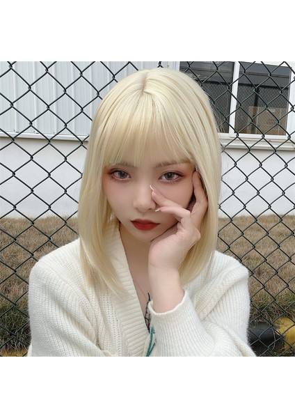 Peruk Kadın's Kısa Saç Açık Altın Günlük Lolita Kısa Düz Saç Bobo Kafa Japon Tarzı Yüz Onarım Sevimli Doğal Tam Kafa Peruk (Yurt Dışından)