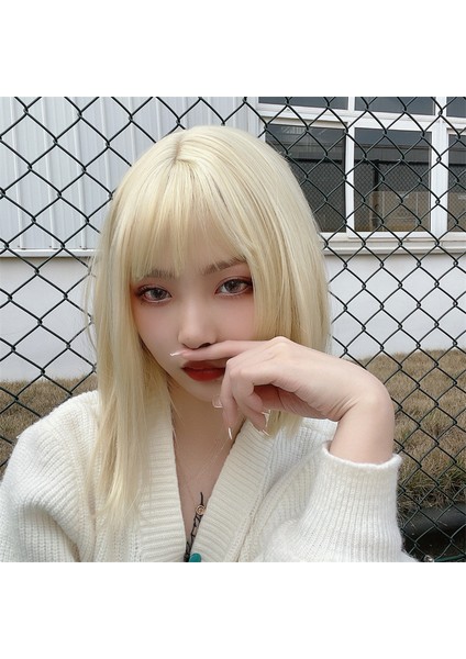 Peruk Kadın's Kısa Saç Açık Altın Günlük Lolita Kısa Düz Saç Bobo Kafa Japon Tarzı Yüz Onarım Sevimli Doğal Tam Kafa Peruk (Yurt Dışından) modelleri