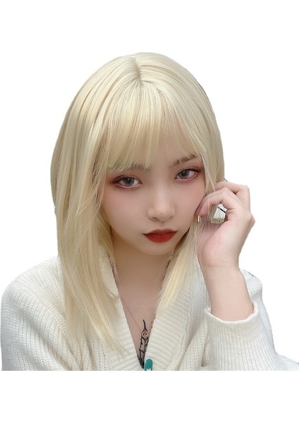 Peruk Kadın's Kısa Saç Açık Altın Günlük Lolita Kısa Düz Saç Bobo Kafa Japon Tarzı Yüz Onarım Sevimli Doğal Tam Kafa Peruk (Yurt Dışından) indirimleri