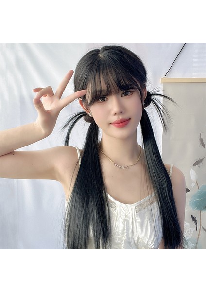 Önerilen Peruk Kadın Tatlı Uzun Düz Daze Saç Düşük Kravat Çift At Kuyruğu Simülasyon Saç (Yurt Dışından)