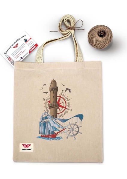 Ham Bez Çanta Tote Bag Deniz Feneri ve Yelkenli Dokuma Saplı Kadın Omuz Çantası modelleri