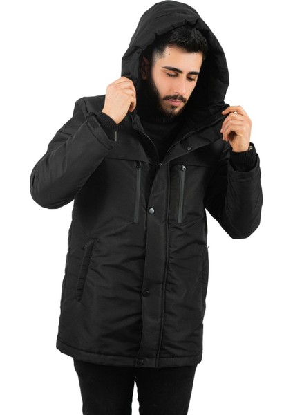 Erkek Siyah Içi Polarlı Su ve Rüzgar Geçirmez Kapüşonlu Mont modelleri