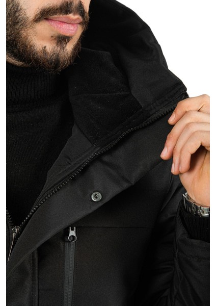 Erkek Siyah Içi Polarlı Su ve Rüzgar Geçirmez Kapüşonlu Mont indirimleri