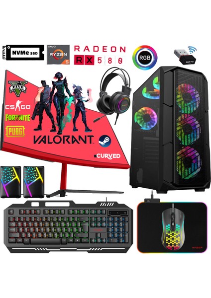 XSR447 Ryzen 5 5600 16GB Ram 256GB M.2 Nvme SSD 8gb RX580 Ekran Kartı 23.8" Curved Oyun Bilgisayarı