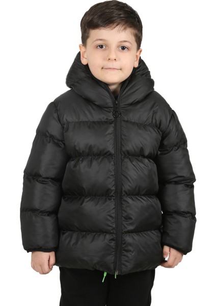 Erkek Çocuk Siyah Kapüşonlu Polarlı Su ve Rüzgar Geçirmez Şişme Mont