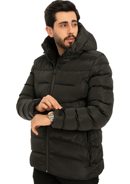 Erkek Siyah Kapüşonlu Içi Polarlı Su ve Rüzgara Dayanıklı Şişme Mont