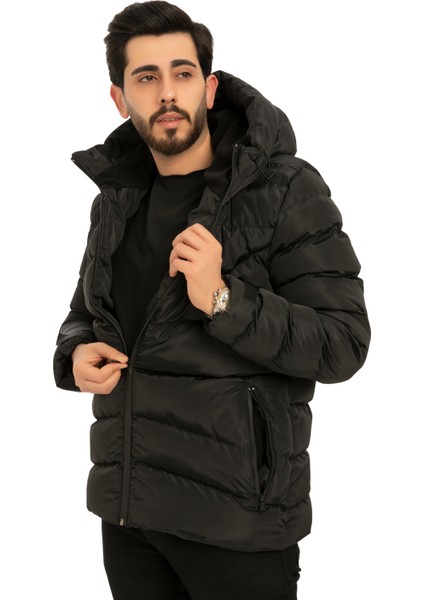Erkek Siyah Kapüşonlu Içi Polarlı Su ve Rüzgara Dayanıklı Şişme Mont fiyatları