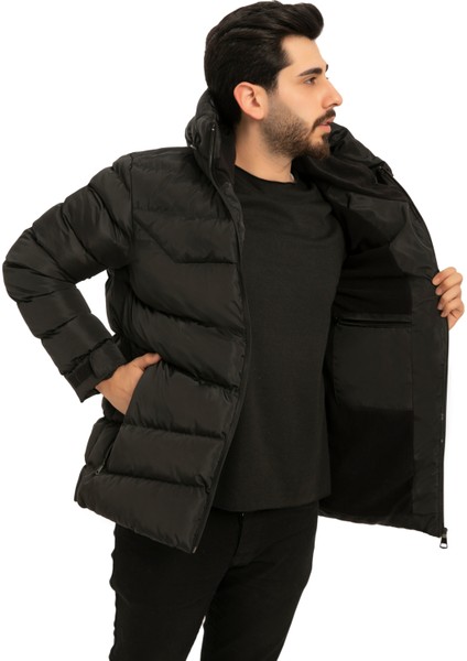 Erkek Siyah Kapüşonlu Içi Polarlı Su ve Rüzgara Dayanıklı Şişme Mont modelleri