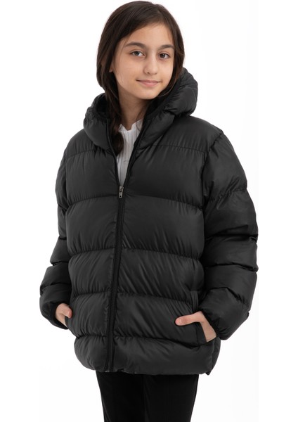 Kız Çocuk Siyah Polarlı Şişme Mont Su ve Rüzgar Koruması