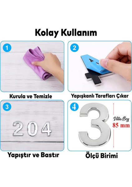 Kapı Numarası Büyük Boy 85 mm Numara 3 Krom Parlak Yapışkanlı Rakam Sayı Numaraları