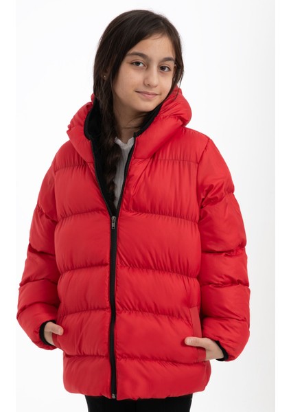 Kız Çocuk Kırmızı Su ve Rüzgara Dayanıklı Kapüşonlu Şişme Mont