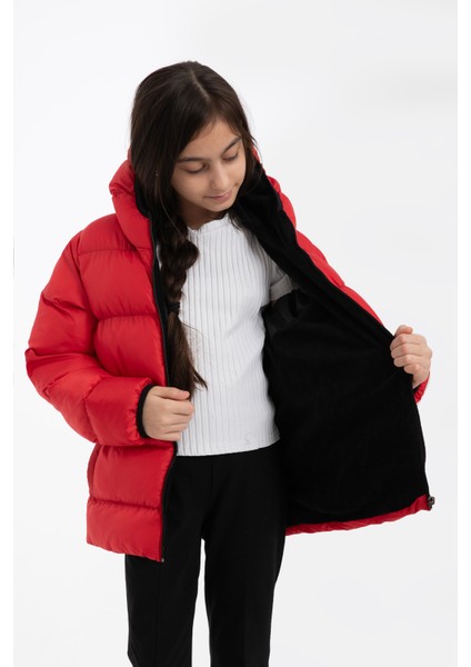 Kız Çocuk Kırmızı Su ve Rüzgara Dayanıklı Kapüşonlu Şişme Mont fiyatları