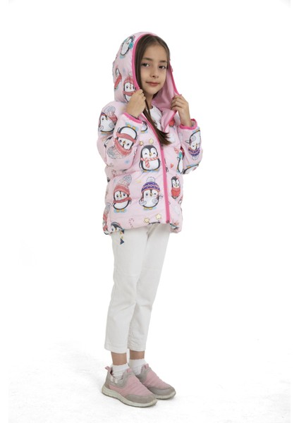 Kız Çocuk Içi Polarlı Kapüşonlu Penguen Şeker Desenli Şişme Mont