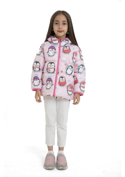 Kız Çocuk Içi Polarlı Kapüşonlu Penguen Şeker Desenli Şişme Mont modelleri